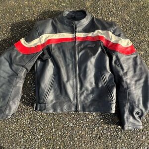 Men's Black Leather Jacket with Red and Cream Accents motorcycle jacket XL
